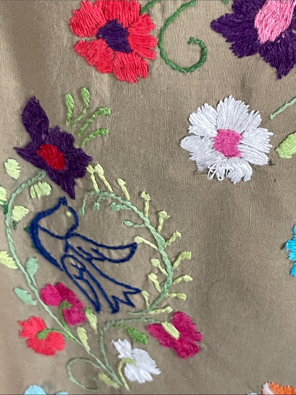 Vintage Hand Embroidered Khaki Mexican Puebla Maxi Dress - Picture 5 of 12